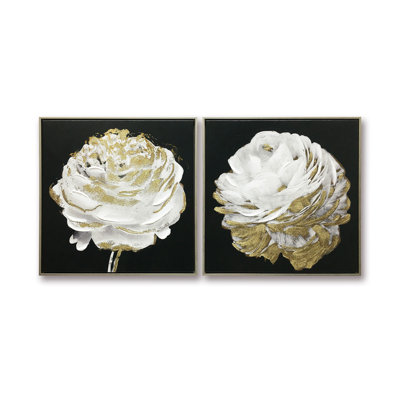 Renoncule fleur blanche, ensemble d'art texturé or noir