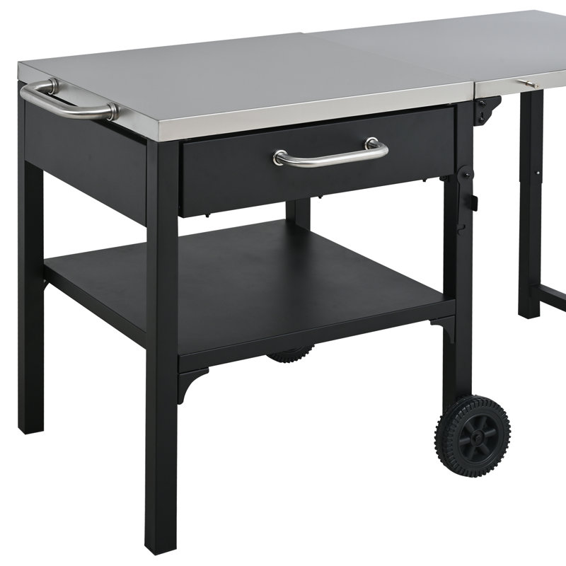 Chariot-bar de cuisine pliable d'extérieur Lark avec plateau en acier inoxydable, tiroir et roulettes, Noir