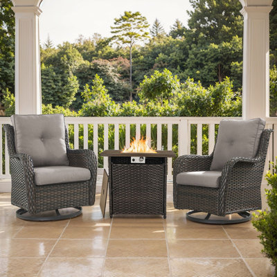 Wendye 3-Piece Outdoor Chair Set With Swivel Chairs & 55K BTU Fire Pit Table