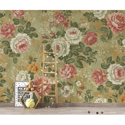 Papier peint floral rétro, décoration murale fleur antique romantique, rose crème sauge, crème, décor champêtre français