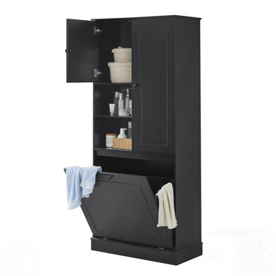 Grande armoire de rangement avec tablettes réglables, grand panier rabattable et armoires fermées - parfait pour la salle de bain, le salon ou le bureau, matériau en bois aggloméré avec poignées en alliage d'aluminium