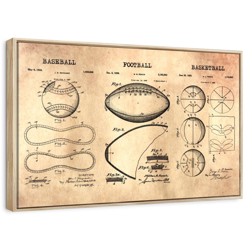 Compilation de ballons de sport brevetés, Cadre flottant en bois naturel, 31 po x 21 po