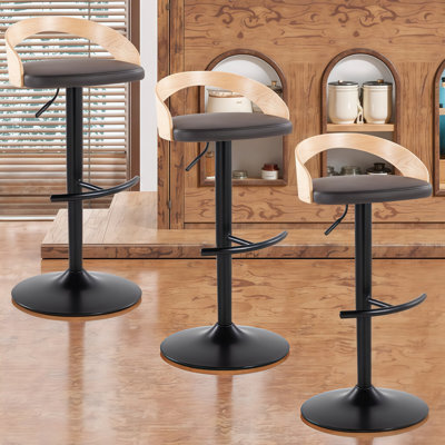 Ensemble de tabourets de bar réglables pivotants avec repose-pieds arrondi en T - ensemble de 2/3 en métal, bois et similicuir / tissu, design contemporain