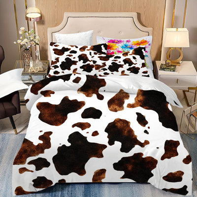 3Pcs Trendy Cow Print Duvet Cover Modern Farmhouse Style Brown White Animal Pattern Bedding Soft Microfiber Quilt Cover with Pillowcases for Master Bedroom Home Decor
