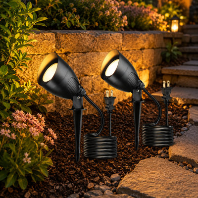 2-Pack 120V Plug-In Outdoor LED Spotlights, 5.5W 2700K Warm White Waterproof Landscape Accent Flood Lights with 5 ft Extension Cords for Yard, Trees, Flags, Lawn, Garden and Holiday Decor