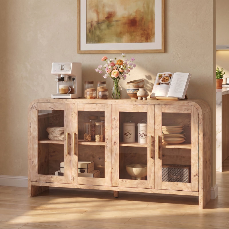 Modern Curved Sideboard, Buffet Storage Cabinet, Media Console  With 4 Glass Doors And Adjustable Shelves, Light Burl