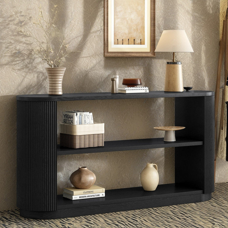 Contemporary Oval Console Table with Ribbed Sides and Two Spacious Open Shelves, Black