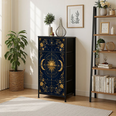 4 Drawer Vertical Storage Dresser Vintage Celestial Design Golden Sun Moon Stars Dark with Wood Top Fabric Pull Drawers