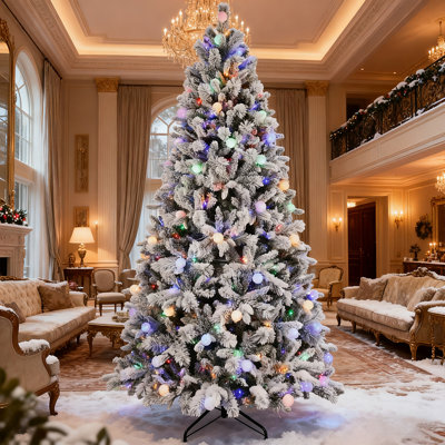 Arbre de Noël 7,5 pi avec flocons de neige pré-éclairés - Aiguilles réalistes en PE / PVC et assemblage sans outil pour la décoration des Fêtes