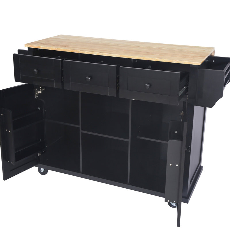Kitchen Island With Drop Table And Adjustable Shelving, Black Design & Cabinet Storage. Black, 5-Wheeled For Mobility, Dinning Room