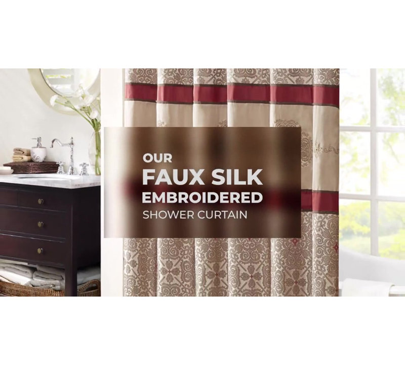 Beige and Red Embroidered Floral Shower Curtain