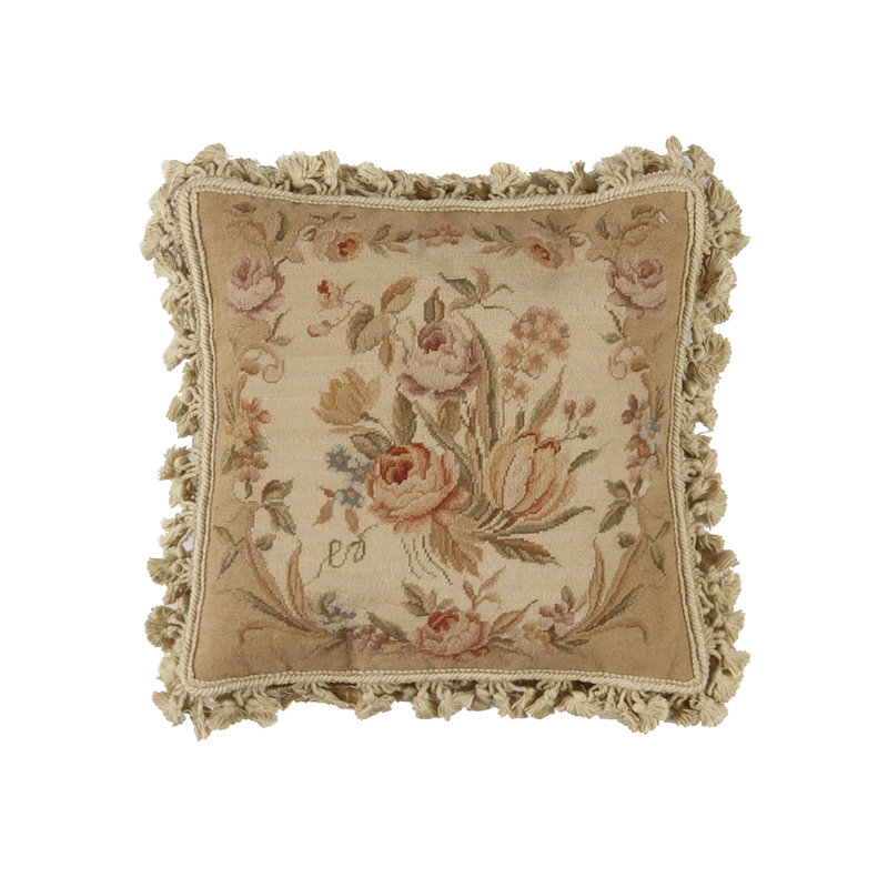Needlepoint Square Pillow Cover & Insert, Beige Floral 1, Square 16"