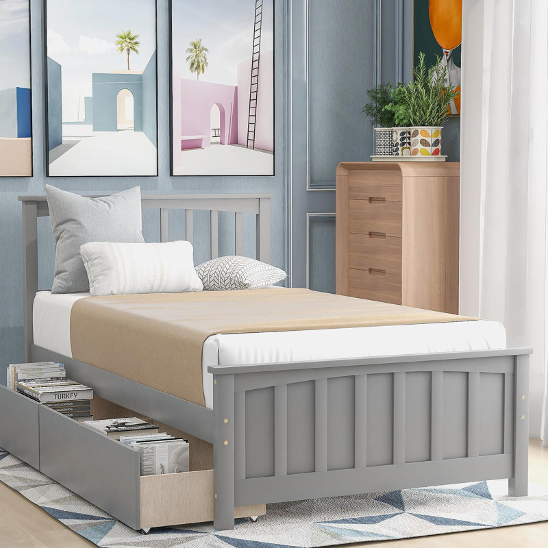 Lit plateforme simple avec deux tiroirs, gris