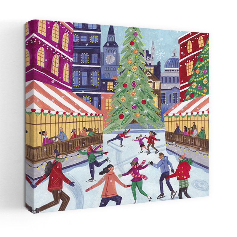 Skating In London Christmas Colorful Vibrant Abstract Christmas Tree City Winter Wall Art Print 1 Piece Wrapped Canvas Wall Art
