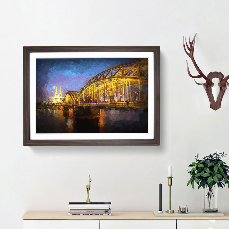 Cologne Cathedral and the Hohenzollern Bridge - Picture Frame Graphic Art Print, 48cm H x 65cm W x 2cm D, Walnut Framed
