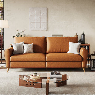 Modern 84" Boucle Sofa - Large 3-Seater Loveseat, Streamlined Wide Armrests, Wooden Feet & PU Upholstery for Living Room, Bedroom, Small Spaces (Brown