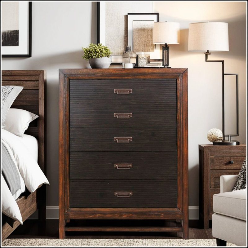 Commode à cinq tiroirs sans assemblage, finition rustique et moderne à deux tons, tiroir supérieur doublé de feutre
