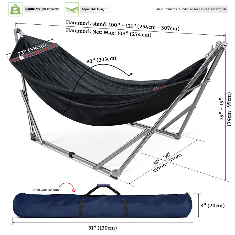  Double Hammock with Stand 650lb Capacity Double Hammock with Spreader Bar, Solid Grade 201 Stainless Steel 30s Set Up, Sturdy Flexible Hammock Stand Portable, Outdoor Indoor, Black