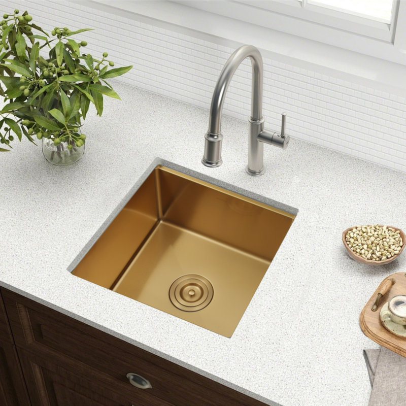 LQS 17" L x 17" W 16 Gauge Stainless Steel Undermount Workstation Gold Prep Bar Sink with Accessories, Gold
