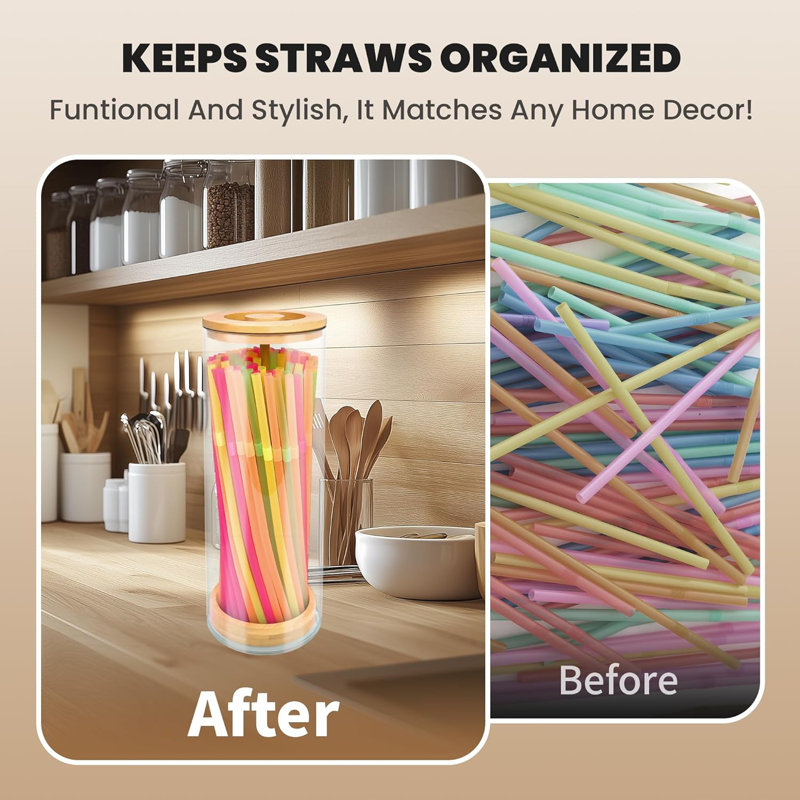 10-Inch Drinking Straw Dispenser,Acrylic Straw Organizer With Bamboo Lid