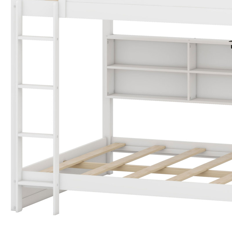 Lit superposé peu encombrant avec tablettes de rangement intégrées et ports USB, White