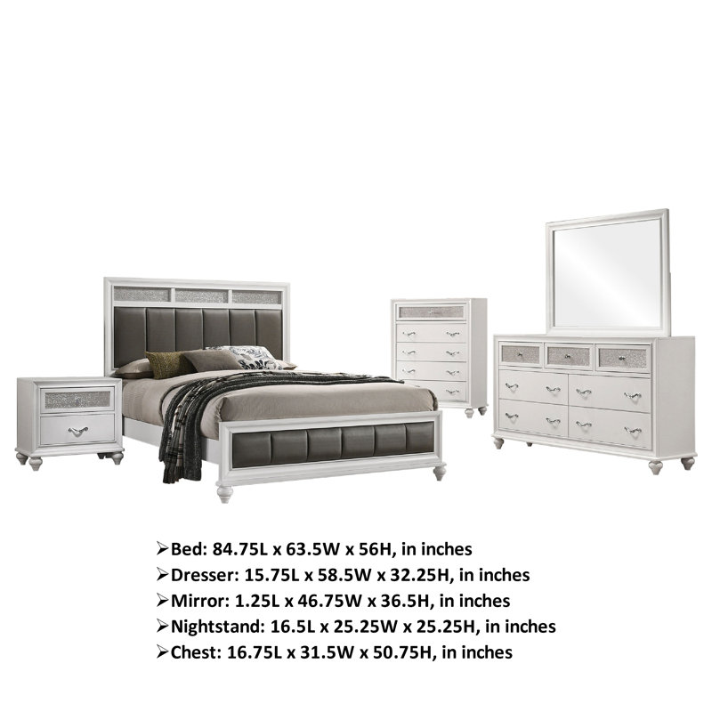 Ensemble de chambre à coucher 5 pièces Dini, Blanc / gris / chrome, Grand lit