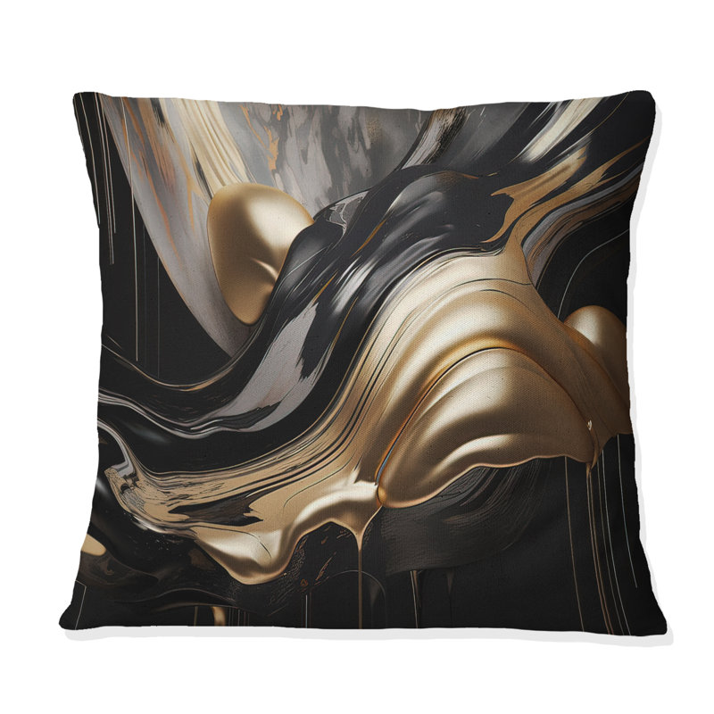 Gold And Black Captivating Marble II - Abstract Marble Printed Pillow, 16"H x 16"W