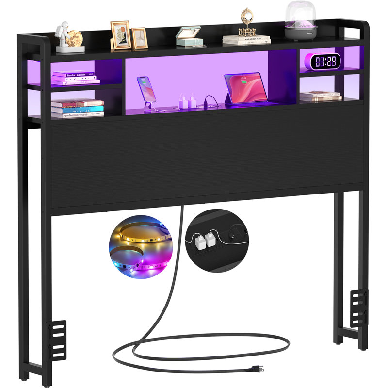 Storage Headboard with LED Lights, Bookcase Headboard with Charging Station, Twin, Black