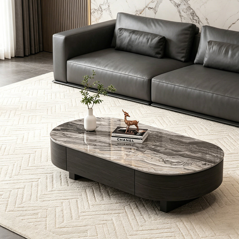 Table basse ovale avec rangement Modern Home, H 13,97 po x l 47,24 po x P 23,62 po, Gris / Noir