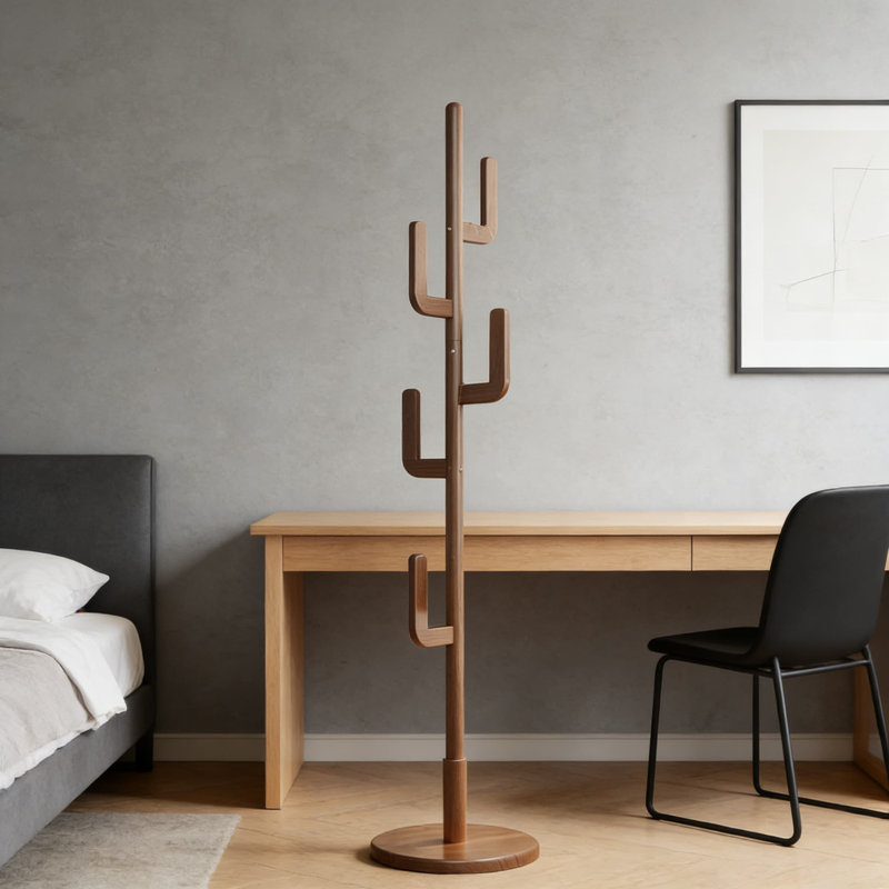 Freestanding Solid Wood Coat Rack With 6 Hooks, Height Adjustable Coat Tree For Entryway, Bedroom, And Living Room, Sturdy Coat Hanger Stand