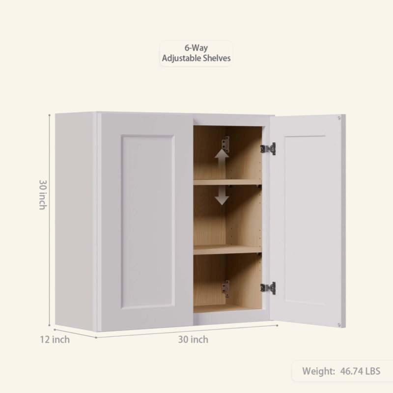 Armoire murale Shaker en bois massif avec portes à fermeture amortie et étagères réglables - Rangement à double porte de 76 cm (30 po) pour cuisine, salle de bain, buanderie ou garage