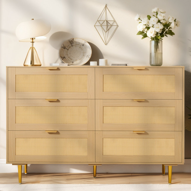 6 Drawer Rattan Dresser, Double Dresser for Bedroom, Natural Rattan Chest of Drawers with Metal Handles & Legs, Modern Wood Chest Clothing Organizer & Storage for Bedroom, Living Room, Hallway