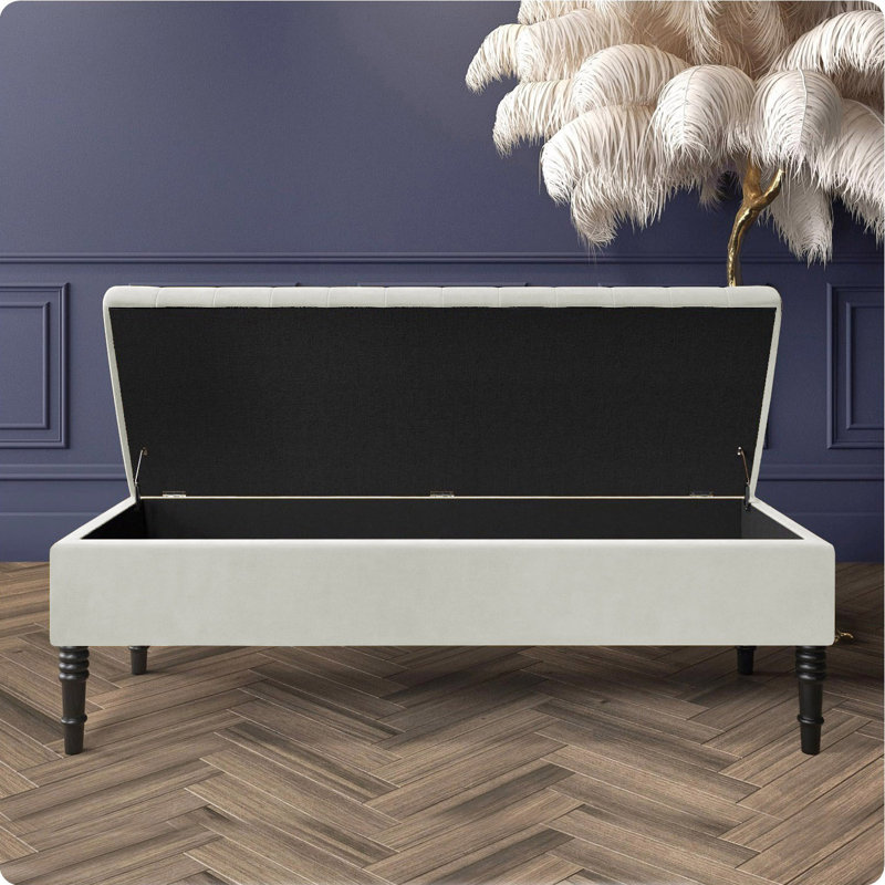 Safar Striped Ottoman Storage Bench – Upholstery Plush Velvet Shoe Bench with Black Turned Wooden Legs, Cream
