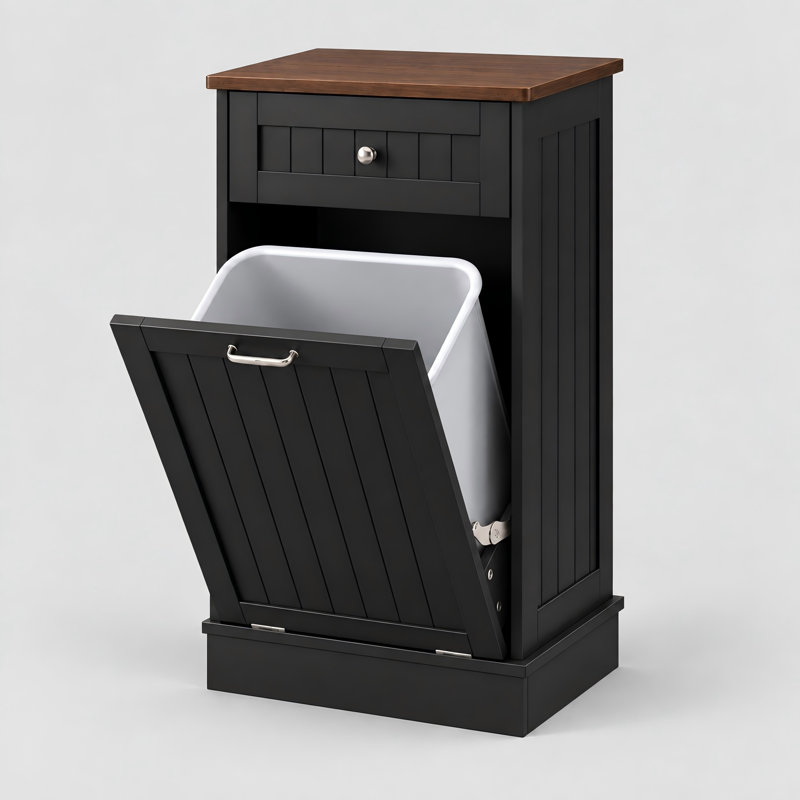 Meuble de poubelle basculant de style champêtre avec tiroir de rangement, en bois, d'une capacité de 38 litres (10 gallons), idéal pour la cuisine et la buanderie - Noir/Une porte