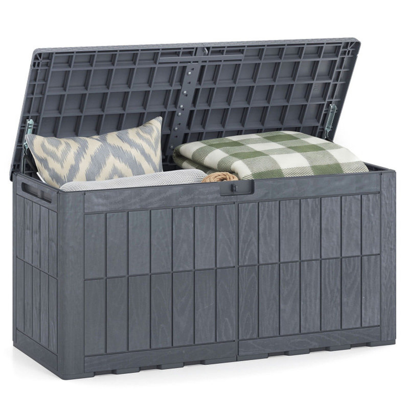 100-Gallon Outdoor Deck Box with Hydraulic Hinged Lid, 310 lb Bench Capacity, Lockable Design and Reinforced Polypropylene, Gray