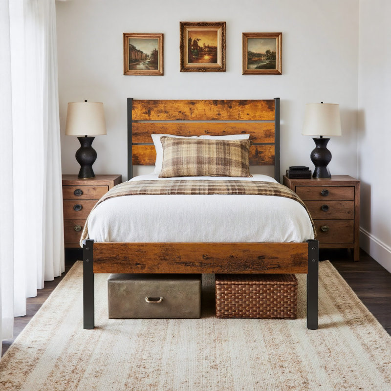 Structure de lit double - Base de matelas robuste avec tête de lit, support de lattes en acier (aucun sommier requis), Twin