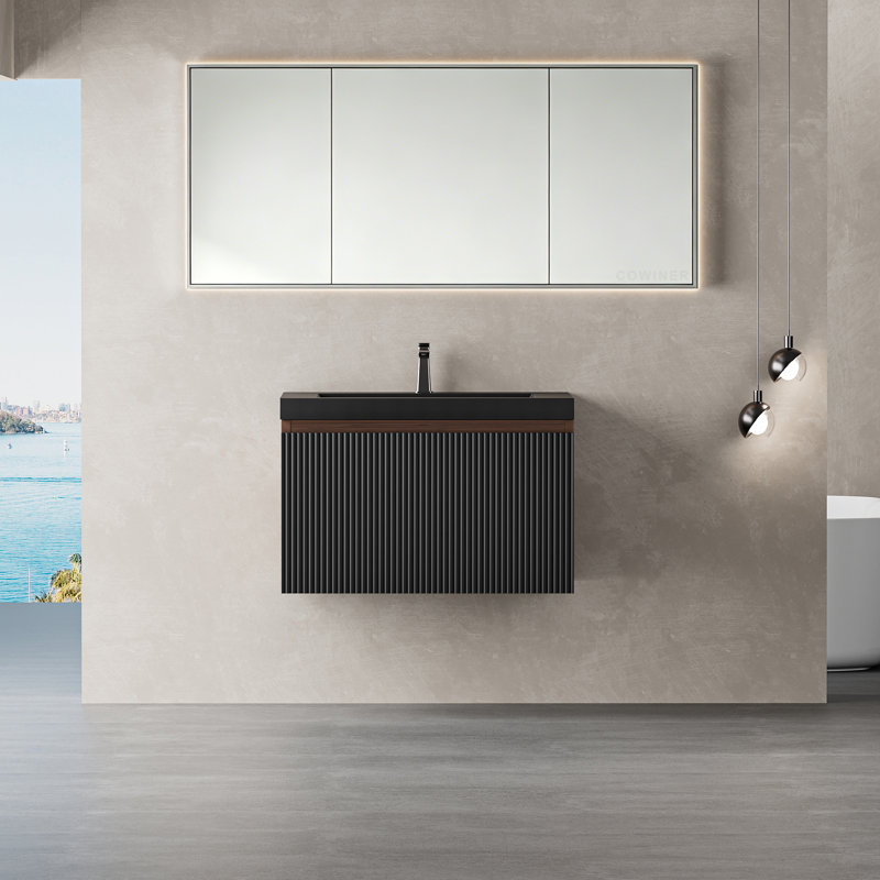 Meuble-lavabo mural 24 po moderne en noyer fumé avec plateau en quartz noir, 24"