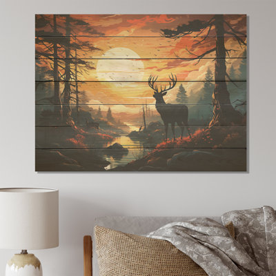 Deer Sunset Landscape In Canada I - Deer Animal On Wood Print