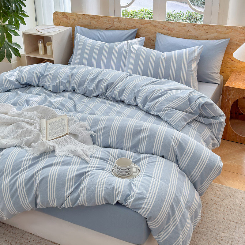 DONEUS Striped Duvet Cover Set 100% Washed Cotton Linen Like Soft Feelling 3 Pieces Bedding Set, Cornflower Blue/White