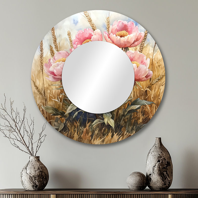 Pivoines dans le champ de blé I - Miroir mural décoratif floral - imprimé sur métal, 29 po x 29 po