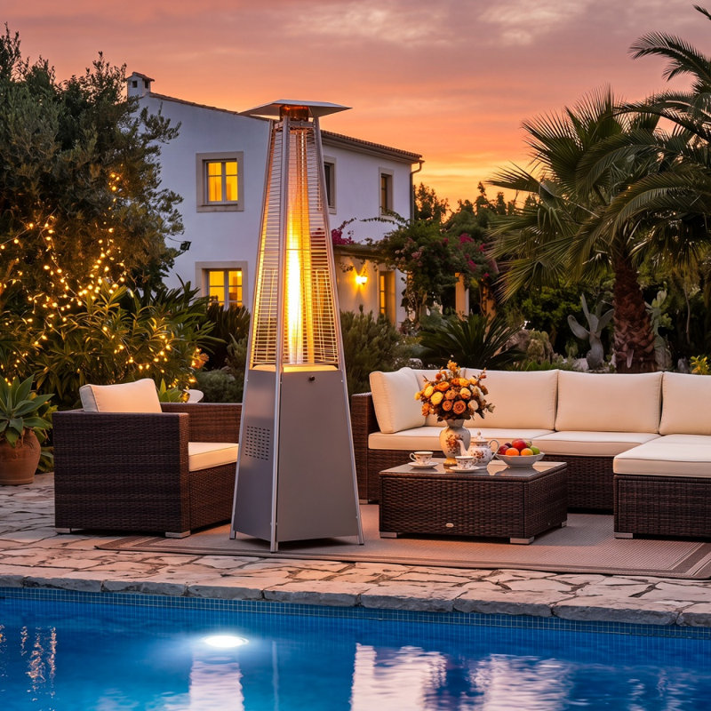 Chauffage de terrasse pyramidal autoportant de 45 000 BTU avec housse et roulettes, Acier Inoxydable