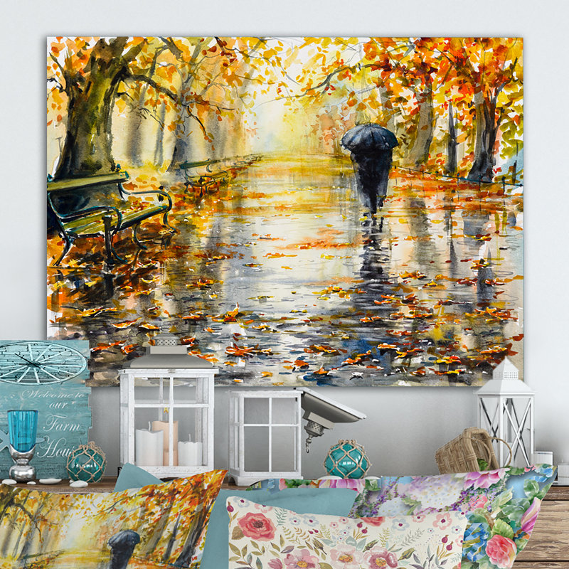 «Couple Walking In Autum Day», reproduction d'art sur toile, H 24 po x l 36 po x P 1 po, Toile tendue