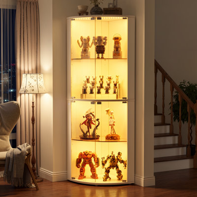 Vitrine d'angle avec portes en verre et lumières à DEL, porte-bouteilles de 62,6 po avec porte-verres, présentoir pour objets de collection