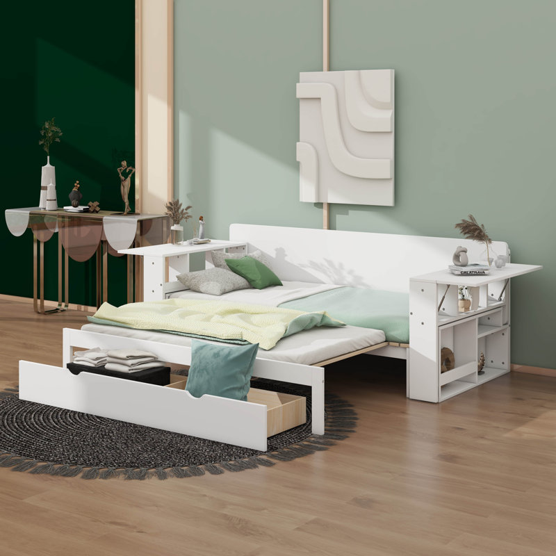 Full Size Daybed With Removable Desk, Storage Drawers And Hydraulic Side Table, Full/Double, White