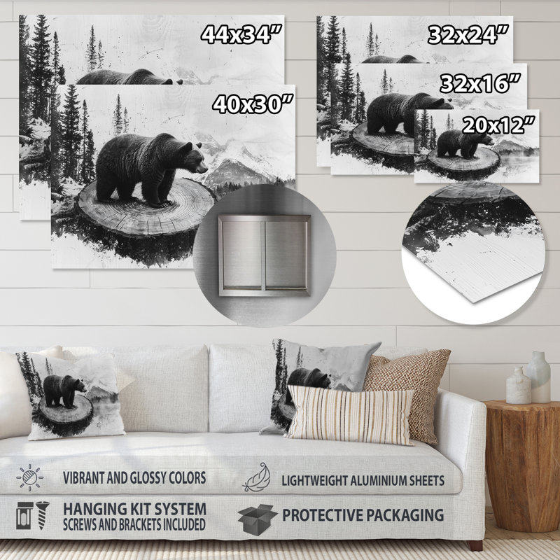 Ours dans un paysage de forêt monochrome - ours, impression murale sur métal moderne, 12" H x 20" W