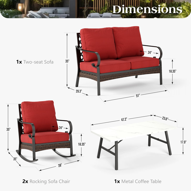 4-Person Patio Furniture Set With Rocking Lounge Chairs, Red