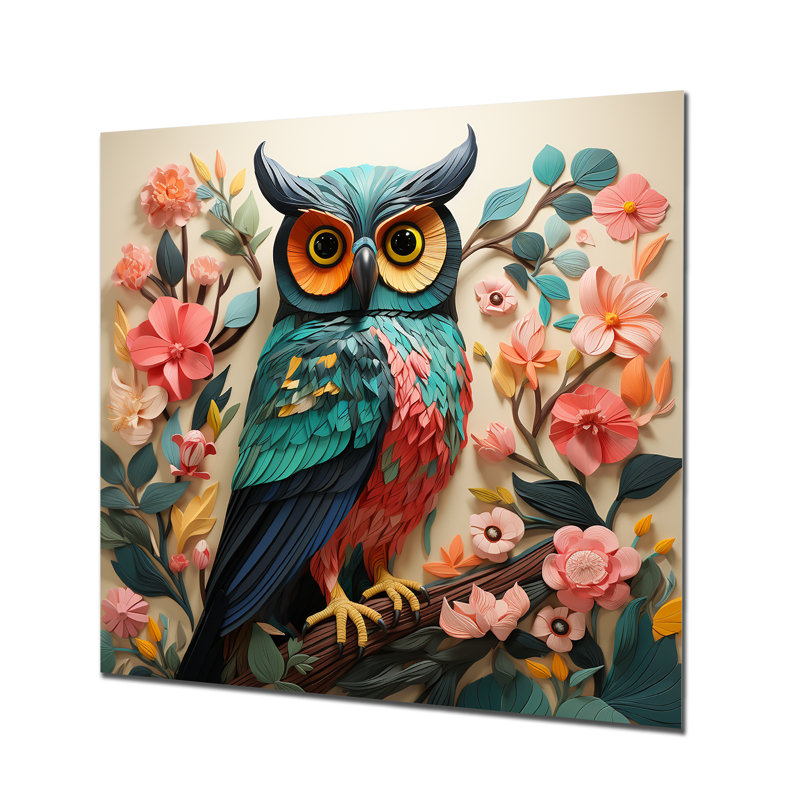 Pink And Gren Owl In Matisse Style IV - Owl Animal Metal Wall Art, 16" H x 16" W x 1" D