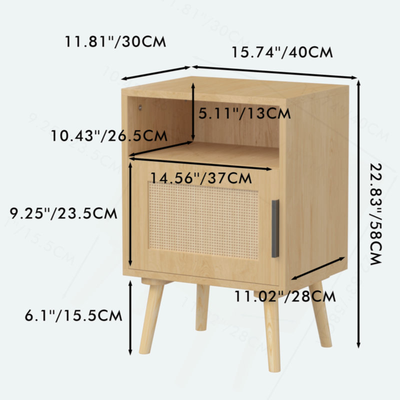 Rattan Nightstand, Side Table With Door Open Shelf,  Accent Bedside End Table With Solid Wood Legs For Bedroom, Dorm And Small Spaces