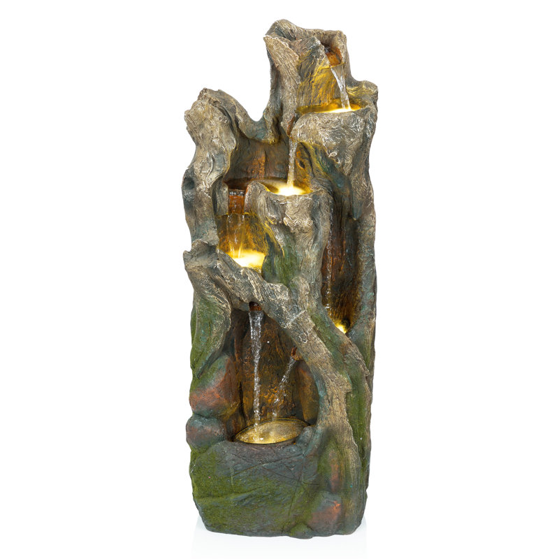 Outdoor Tiered Floor Tree Trunk Fountain with LED Lights, 40" H x 13" W x 15" D