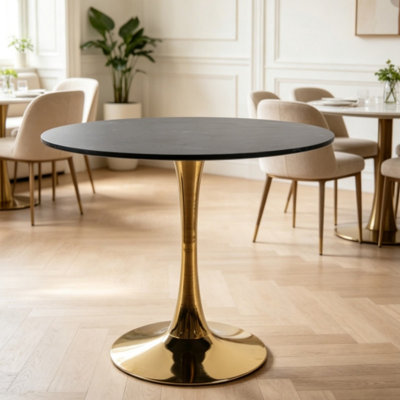 31.5" Mid‑Century Tulip Round Dining Table, Black Marble Pattern Tabletop with Golden Pedestal Base, Multi‑Use Table Seats 2‑4 for Dining Room, Living Room as Coffee & End Table